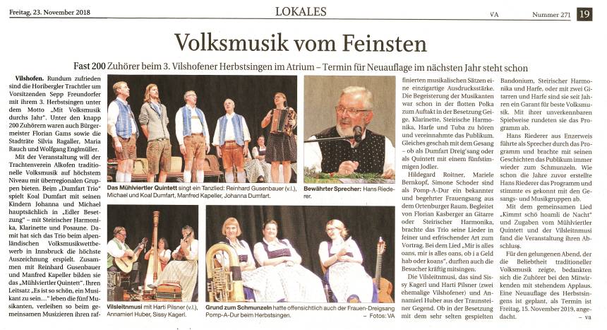 Zeitungsbericht zum 3. Vilshofener Herbstsingen am 16.11.2018